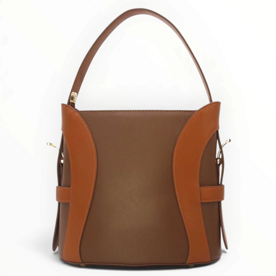 SUL EXTRAS Tom & Eva bucket bag in two-tone brown synthetic leather with a top handle and curved panel detailing.