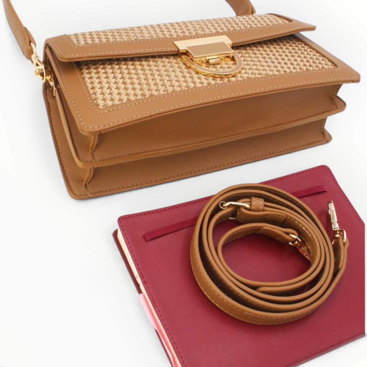 SUL EXTRAS Tom & Eva Riviera shoulder bag with straw-effect texture, tan trim, gold clasp, and detachable straps.