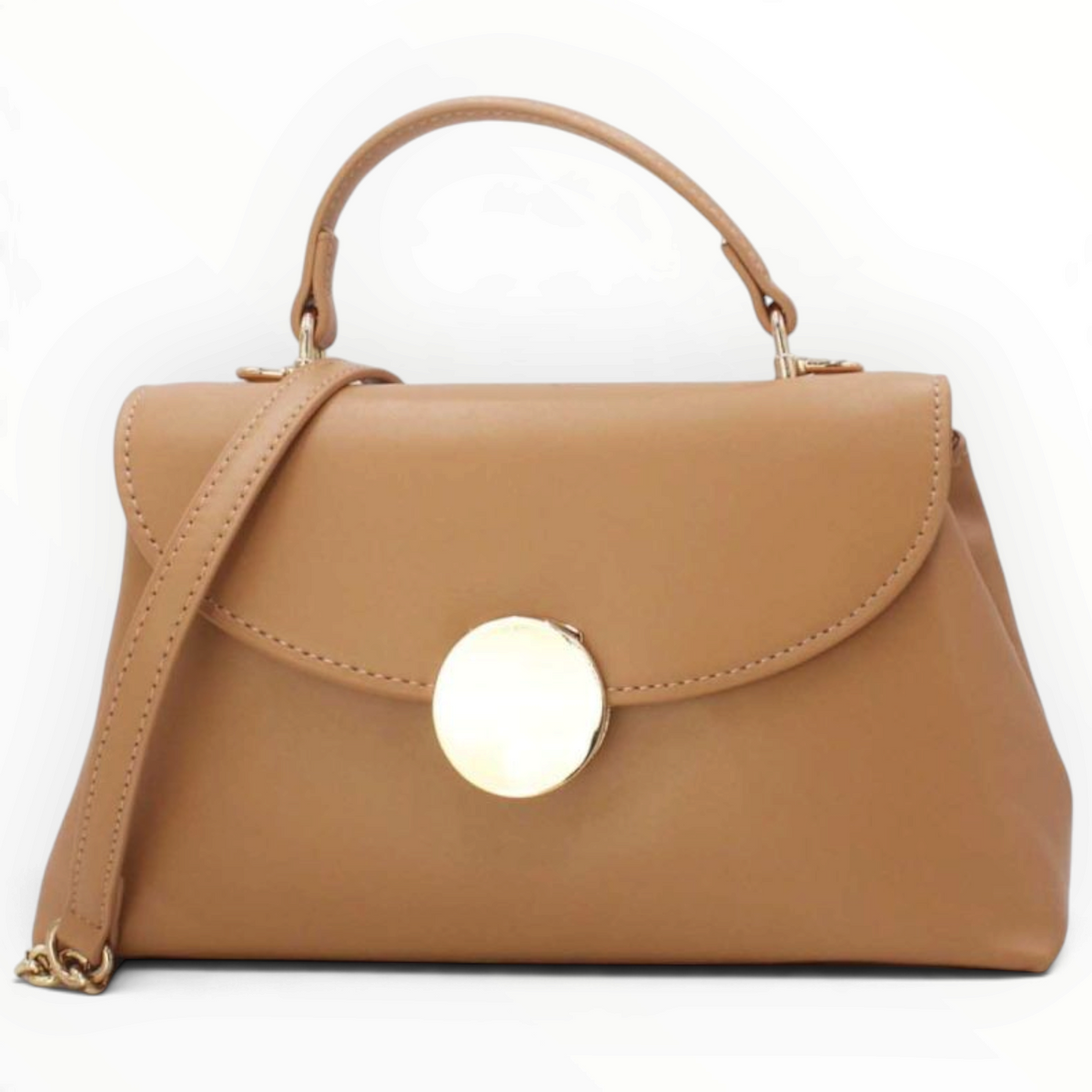 SUL EXTRAS Tom & Eva tan minimalist handbag with a structured silhouette, top handle, and gold-tone circular accent.