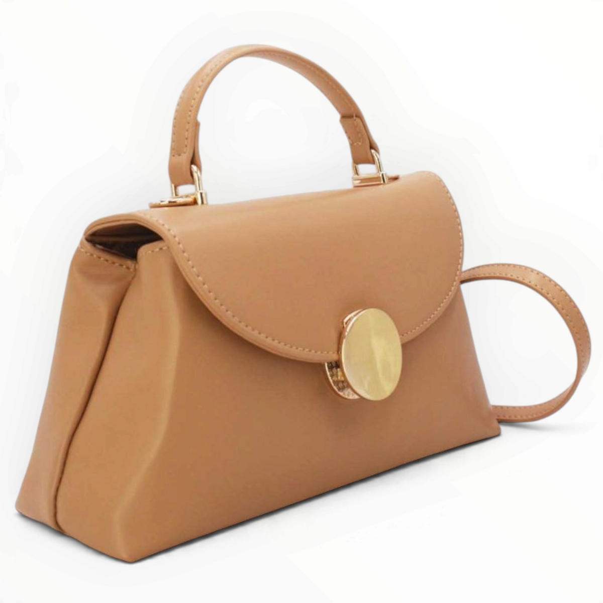 SUL EXTRAS Tom & Eva minimalist tan handbag with a structured silhouette, curved flap, and gold-tone circular accent.