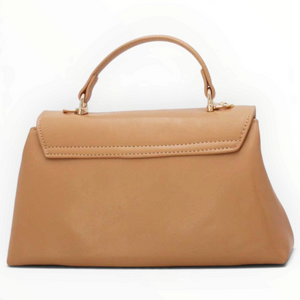 SUL EXTRAS Tom & Eva beige structured handbag with a top handle, gold-tone hardware, and a minimalist flap design.