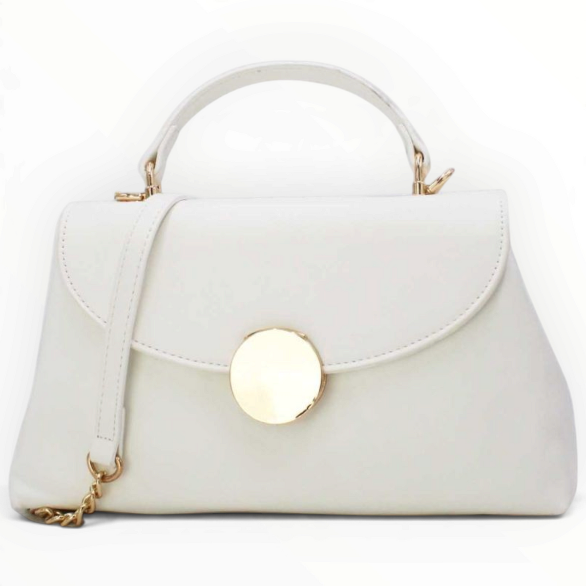 SUL EXTRAS Tom & Eva white structured handbag with gold-tone circular accent, top handle, and shoulder strap.