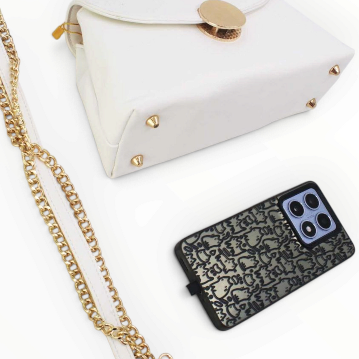 SUL EXTRAS Tom & Eva white structured handbag with gold hardware, top handle, and detachable chain shoulder strap.