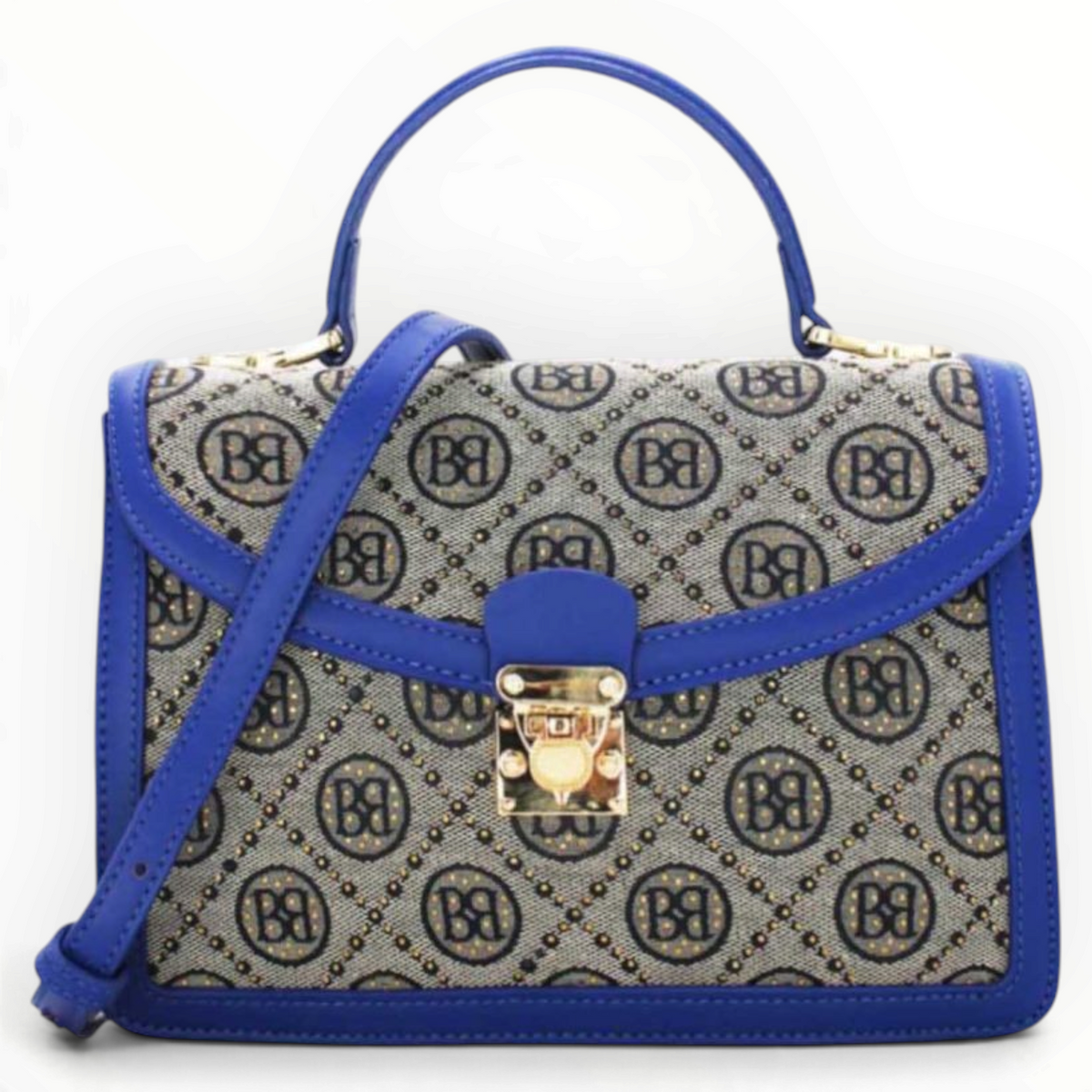 SUL EXTRAS Tom & Eva vintage-inspired monogram handbag in blue with gold-tone turn-lock closure and top handle.