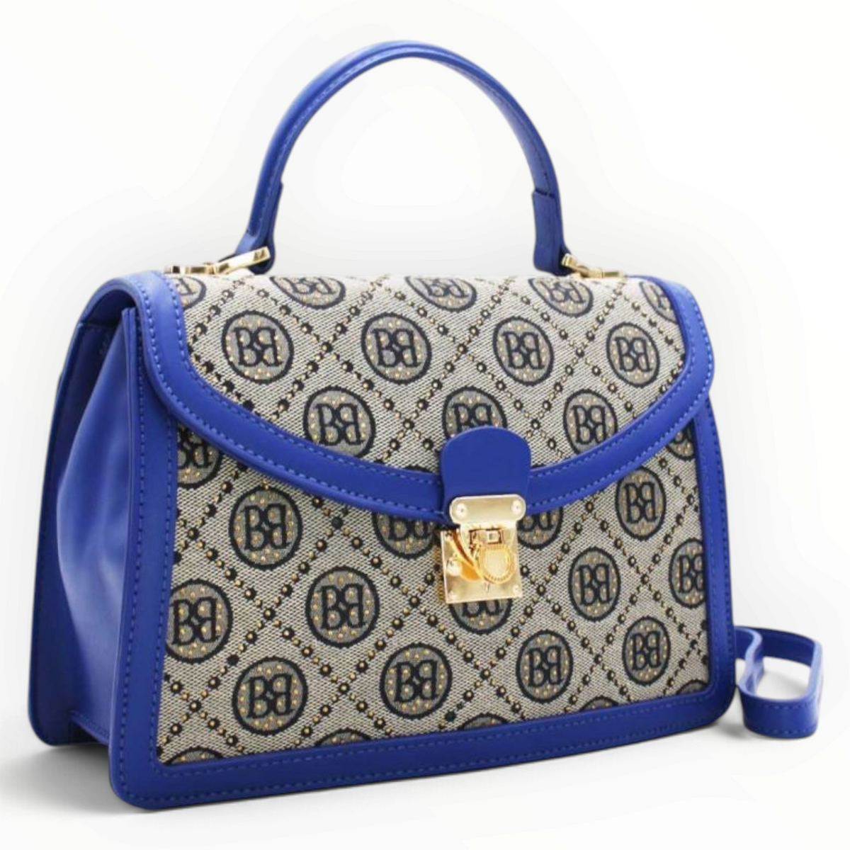 SUL EXTRAS Tom & Eva vintage-inspired monogram handbag in blue with gold-tone turn-lock and top handle.