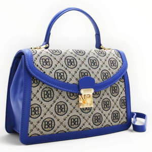SUL EXTRAS Tom & Eva vintage-inspired monogram handbag in blue with gold-tone turn-lock and top handle.