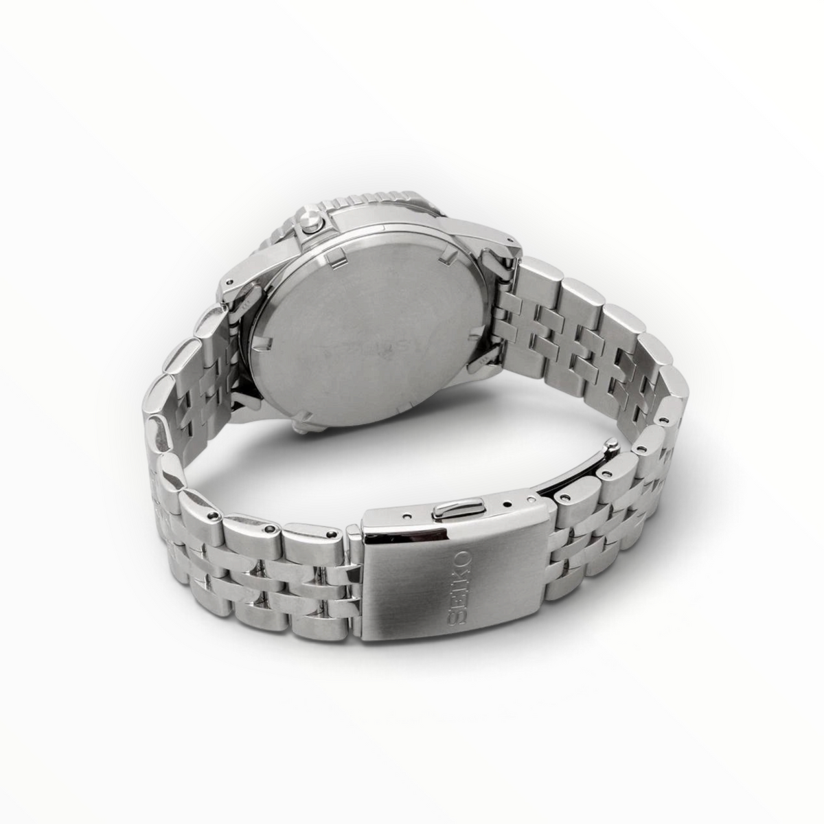 SUL EXTRAS Seiko Rotocall digital watch showing the stainless steel case back and multi-link bracelet clasp.