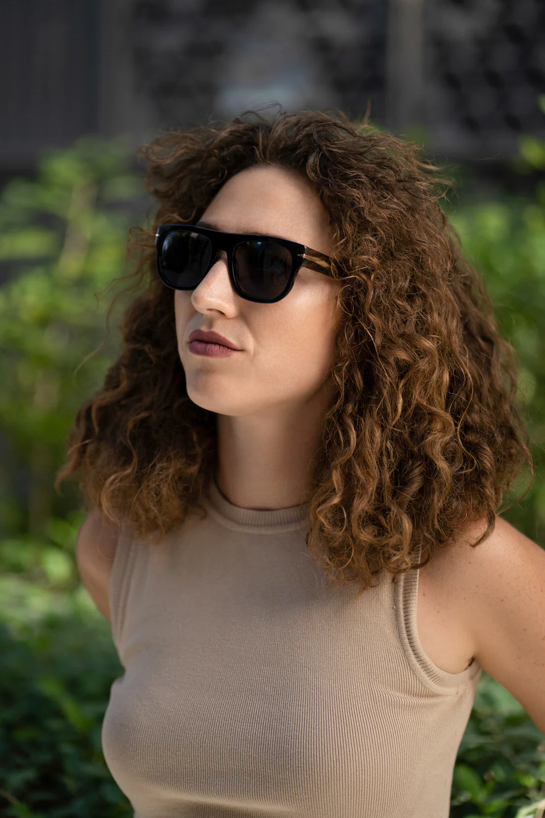 Unisex Sefsan Nehsan sunglasses featuring square D-frame, tinted smoke lenses, and stylish contemporary streetwear look model side  view 