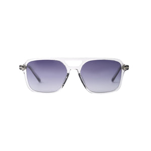 Unisex Sefsan BOBA transparent frame sunglasses featuring blue fade lenses, sleek contemporary design, and everyday casual style