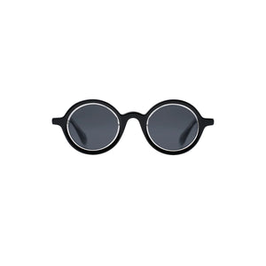 Sefsan Sphaira unisex sunglasses with transparent black frame, clear smoke lenses, modern rounded frame style, and comfortable fit