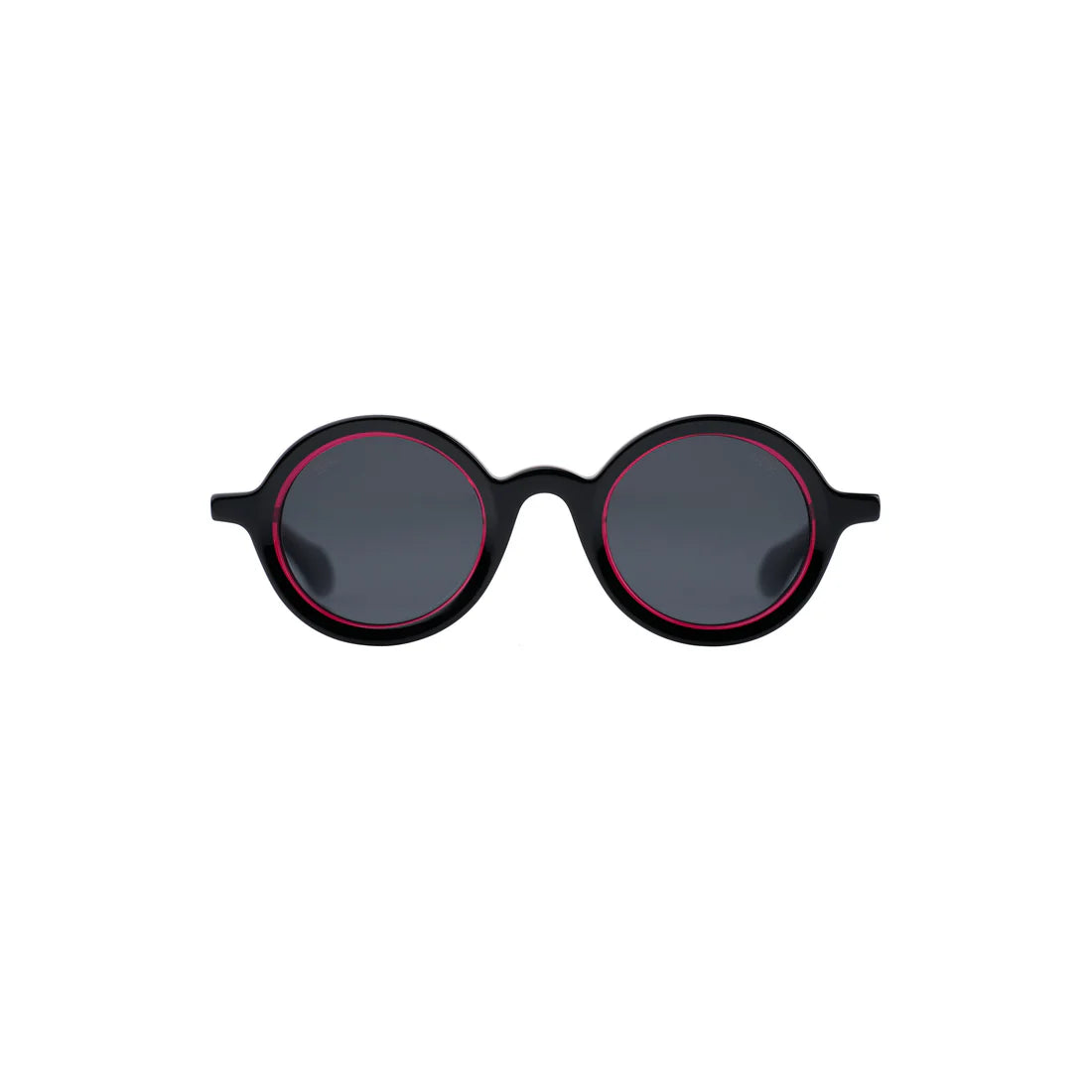 Sefsan Sphaira unisex sunglasses with transparent red frame, smoke lenses, modern rounded frame style, and comfortable fit front view 