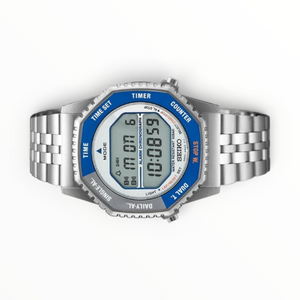 SUL EXTRAS Seiko Rotocall digital chronograph watch with a blue and grey rotating bezel and stainless steel bracelet.