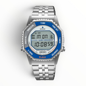 SUL EXTRAS Seiko Rotocall digital watch with silver stainless steel bracelet and blue-grey rotating function bezel.