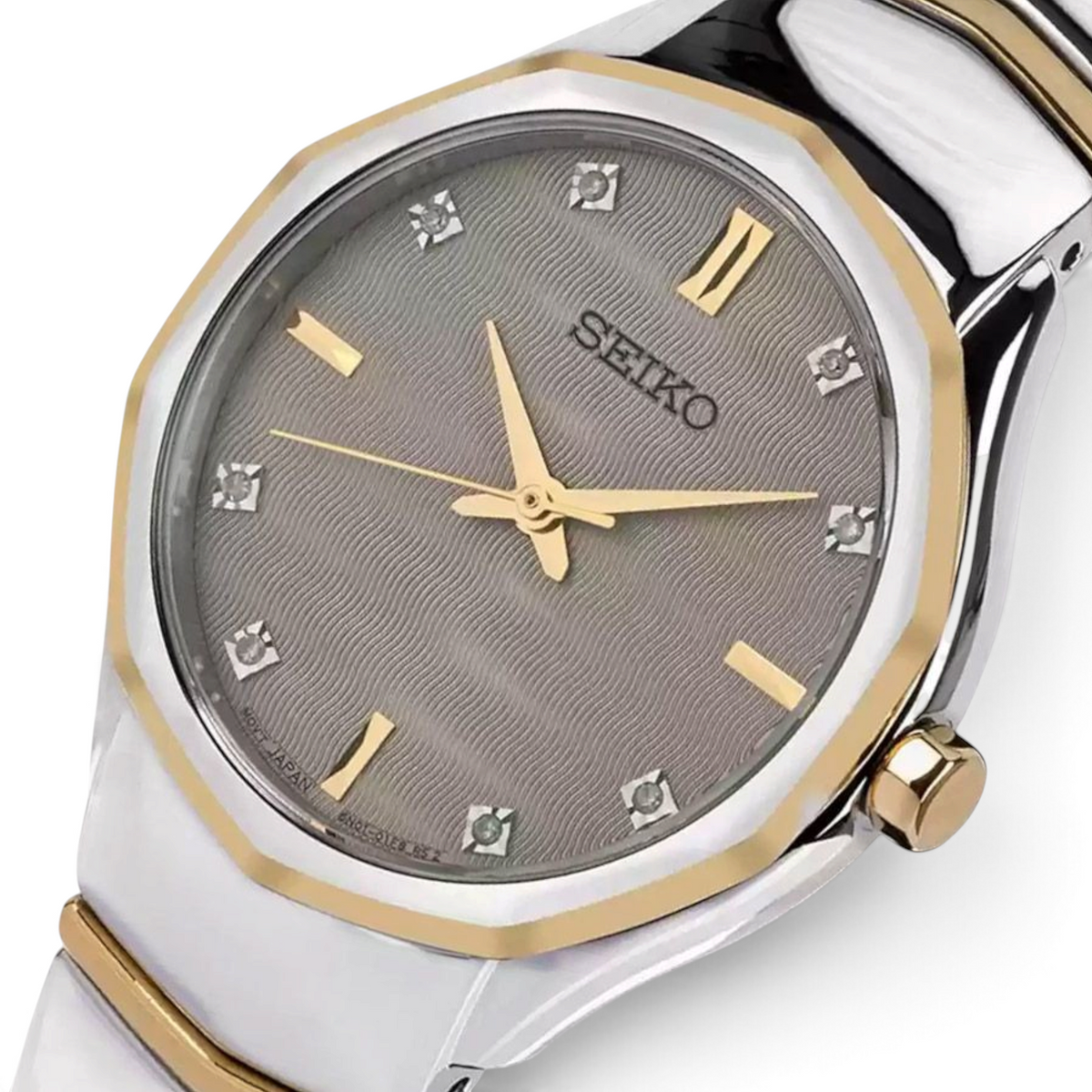 SUL EXTRAS Seiko Classic ladies' watch with a grey textured dial, diamond markers, and two-tone stainless steel case.