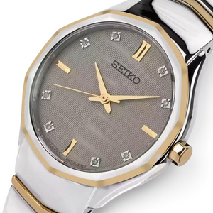 SUL EXTRAS Seiko Classic ladies' watch with a grey textured dial, diamond markers, and two-tone stainless steel case.