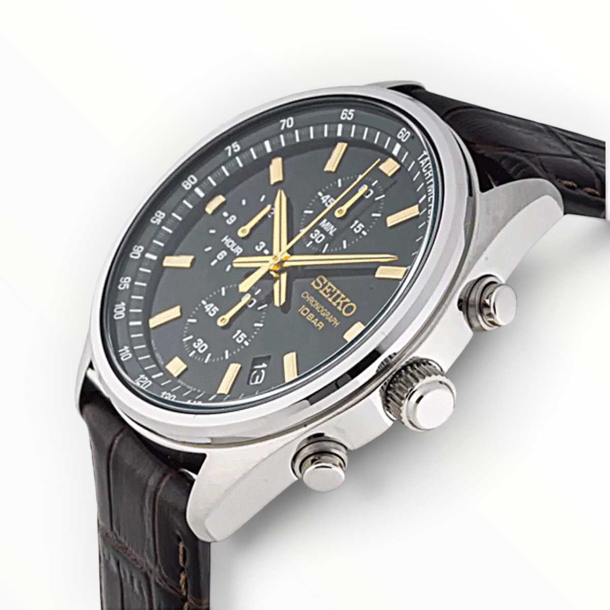 SUL EXTRAS Seiko chronograph watch with green dial, gold hands, and brown embossed leather strap on stainless steel