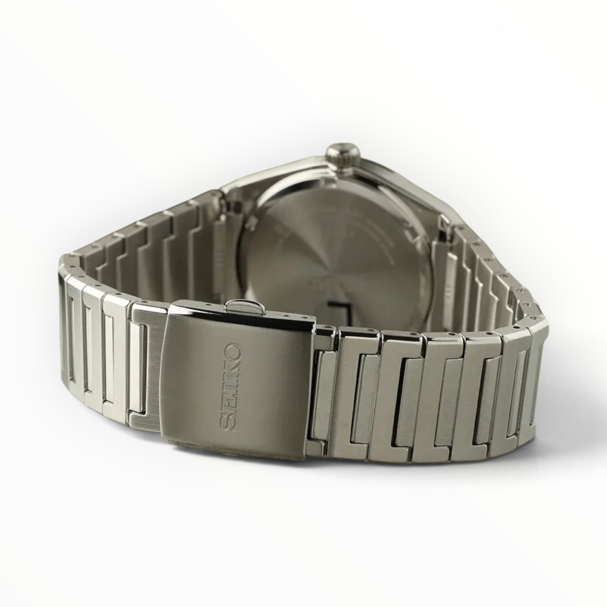 SUL EXTRAS Seiko Classic men's watch showing the stainless steel bracelet and safety folding clasp from the back