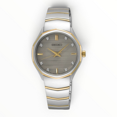 SUL EXTRAS Seiko Classic ladies' watch with a grey textured dial, diamond markers, and two-tone stainless steel band.