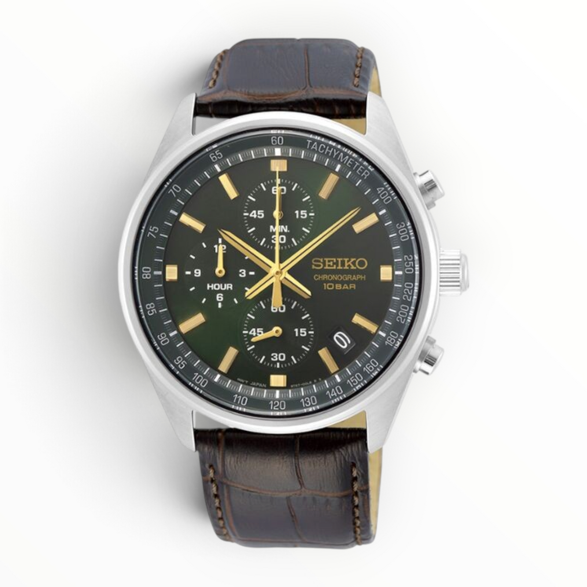 SUL EXTRAS Seiko chronograph watch with a green dial, gold-tone hands, and a brown embossed calfskin leather strap.