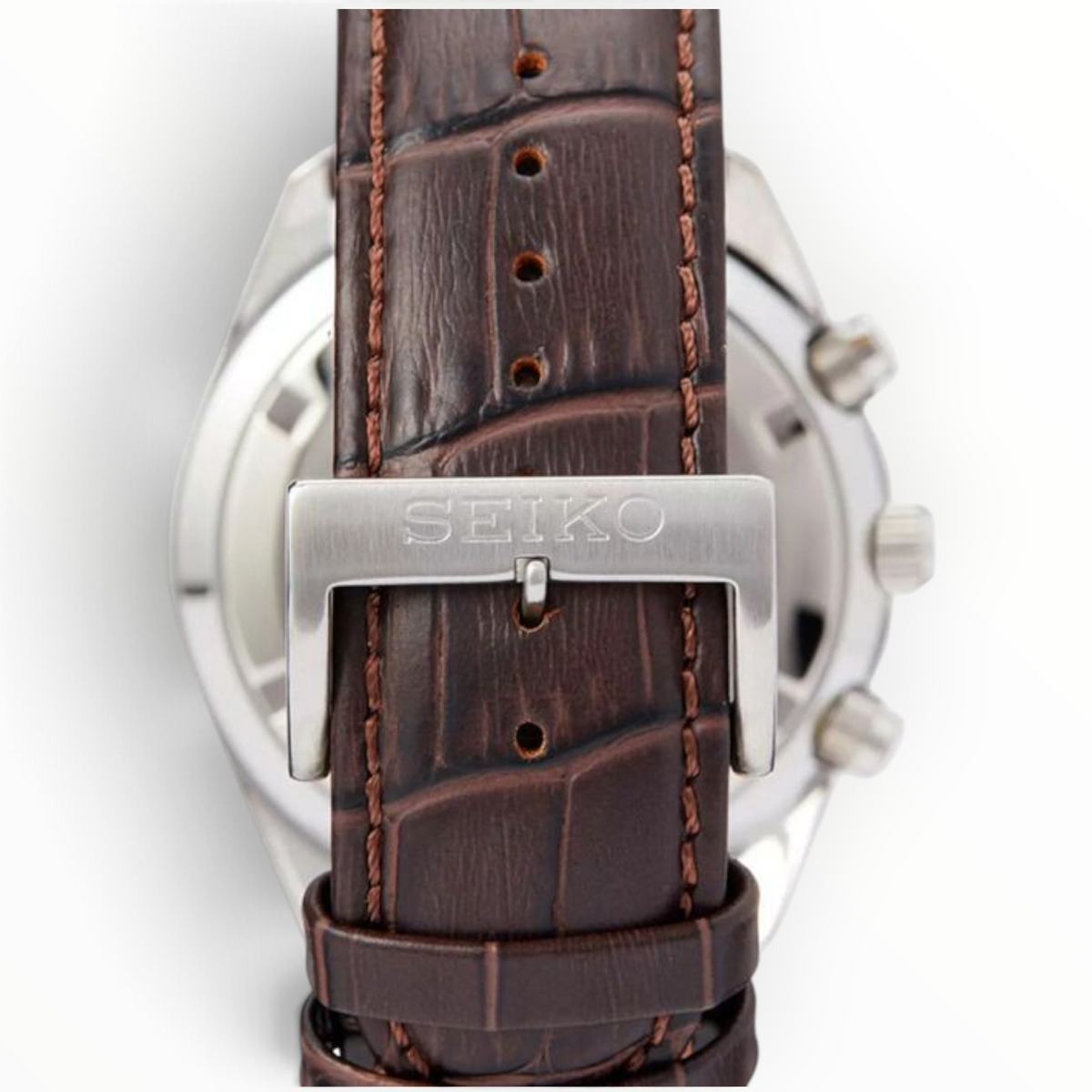 SUL EXTRAS Seiko watch featuring a brown embossed calfskin leather strap with a silver-tone pin buckle clasp.