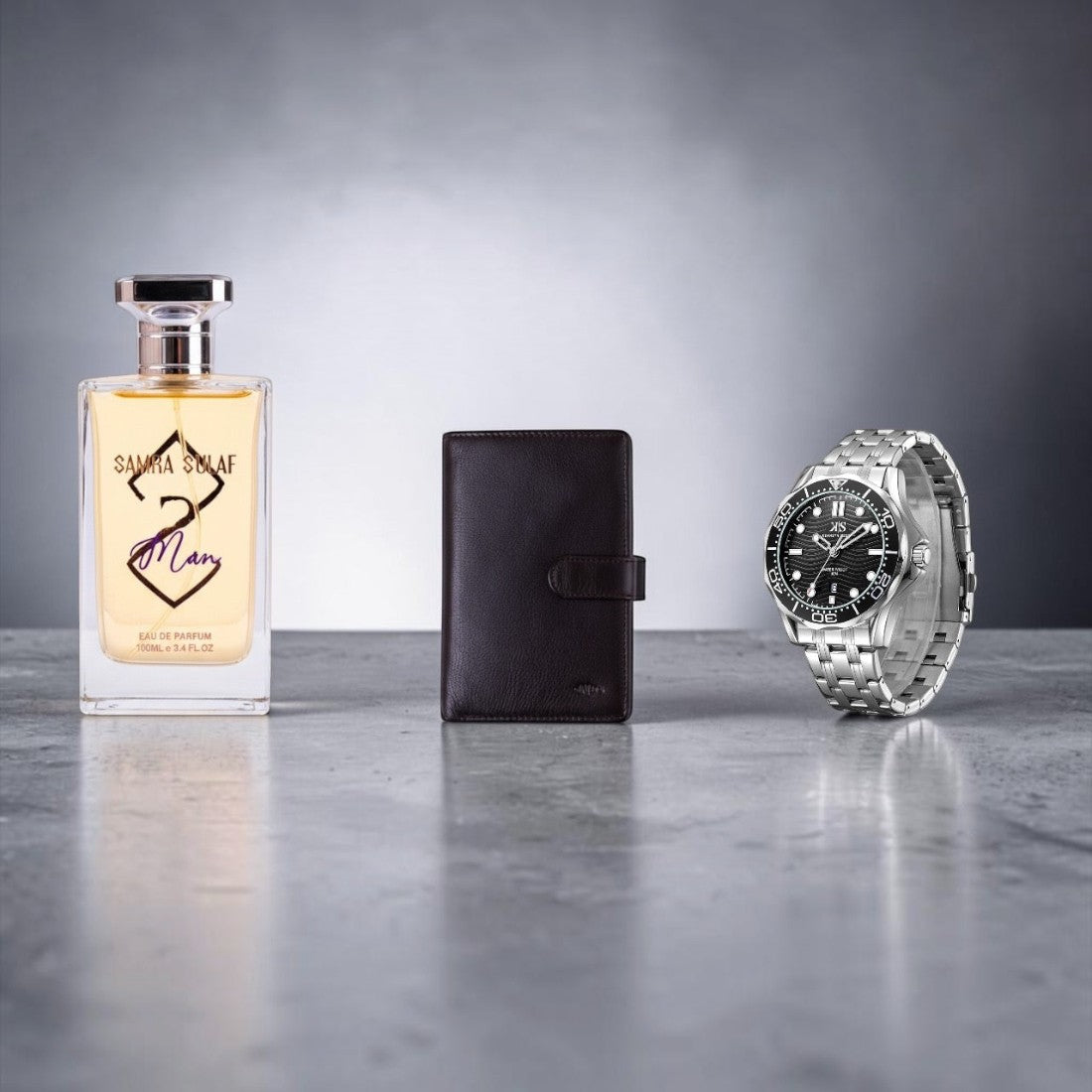 SUL EXTRAS Admiral Trio bundle featuring Samra Sulaf perfume, Nuvola Pelle leather wallet, and Kenneth Scott watch.