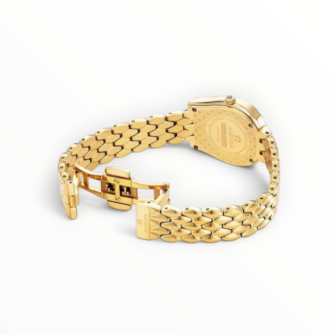 SUL EXTRAS Aigner Bitonto watch showing the gold scale-link bracelet, butterfly clasp, and engraved caseback detail.