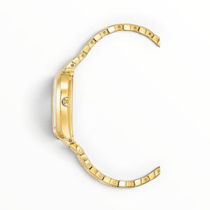 Side profile of SUL EXTRAS Aigner Bitonto gold watch featuring a horseshoe-arch case and a unique scale-link bracelet.