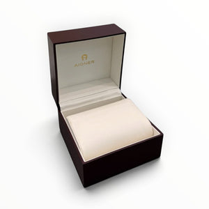 SUL EXTRAS Aigner luxury watch presentation box in deep burgundy lacquer with a cream interior cushion