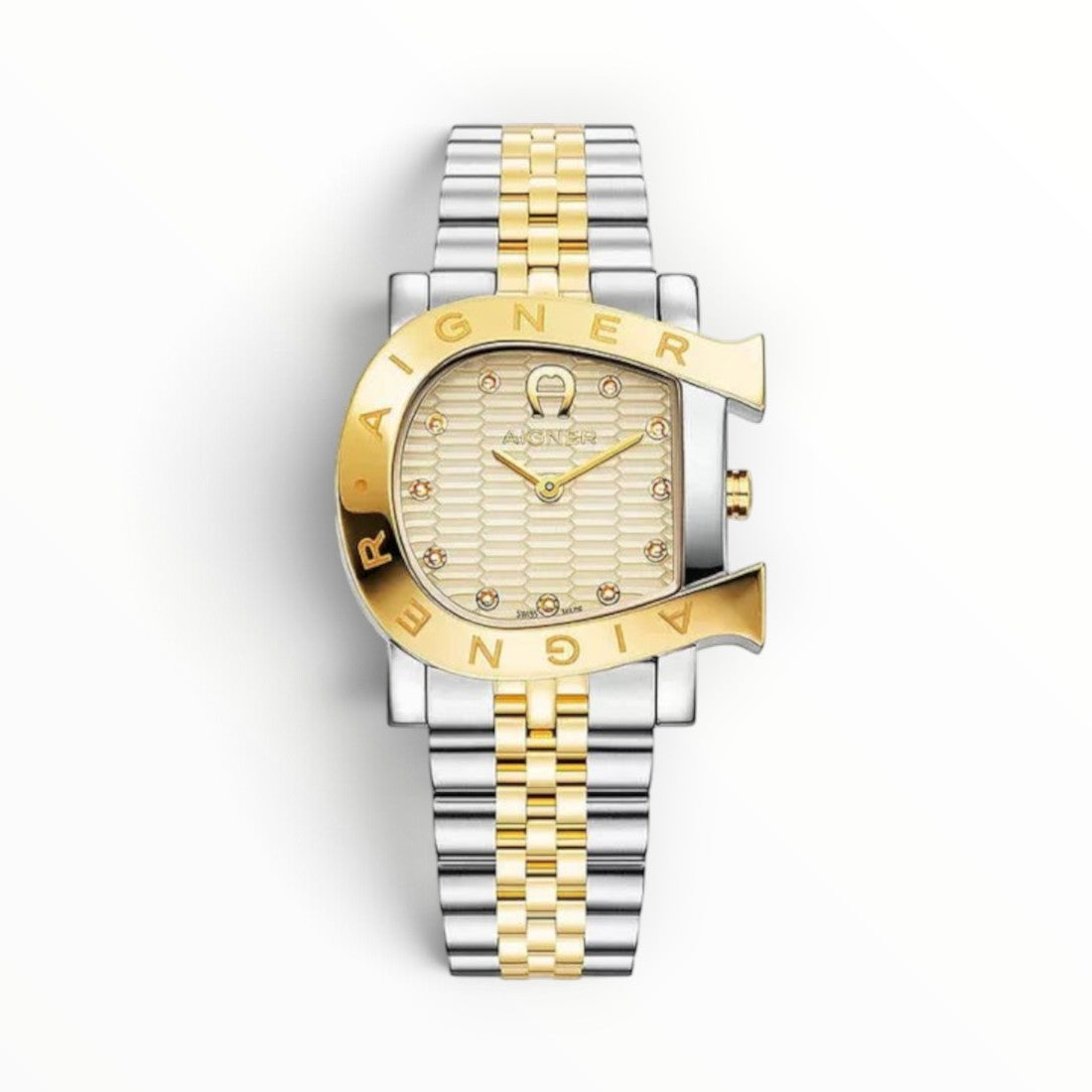 SUL EXTRAS Aigner Massa Due watch with champagne honeycomb dial, diamond hour markers, and two-tone jubilee bracelet.
