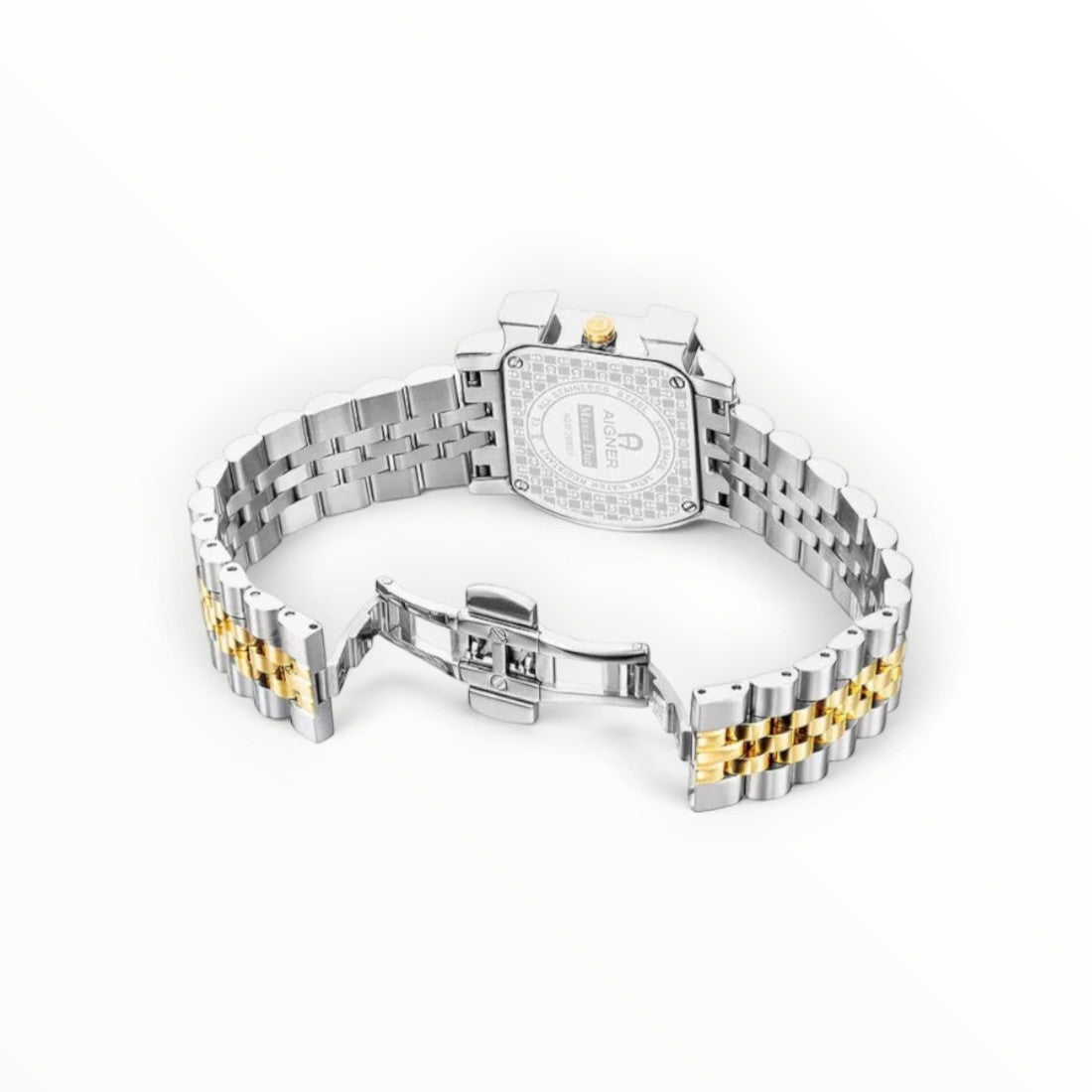 SUL EXTRAS Aigner Massa Due watch showing the engraved stainless steel caseback and open two-tone jubilee bracelet