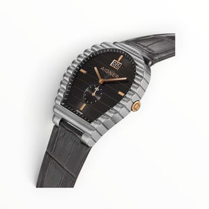 SUL EXTRAS Aigner Torcello men's watch with anthracite horizontal-stripe dial, fluted bezel, and grey leather strap.