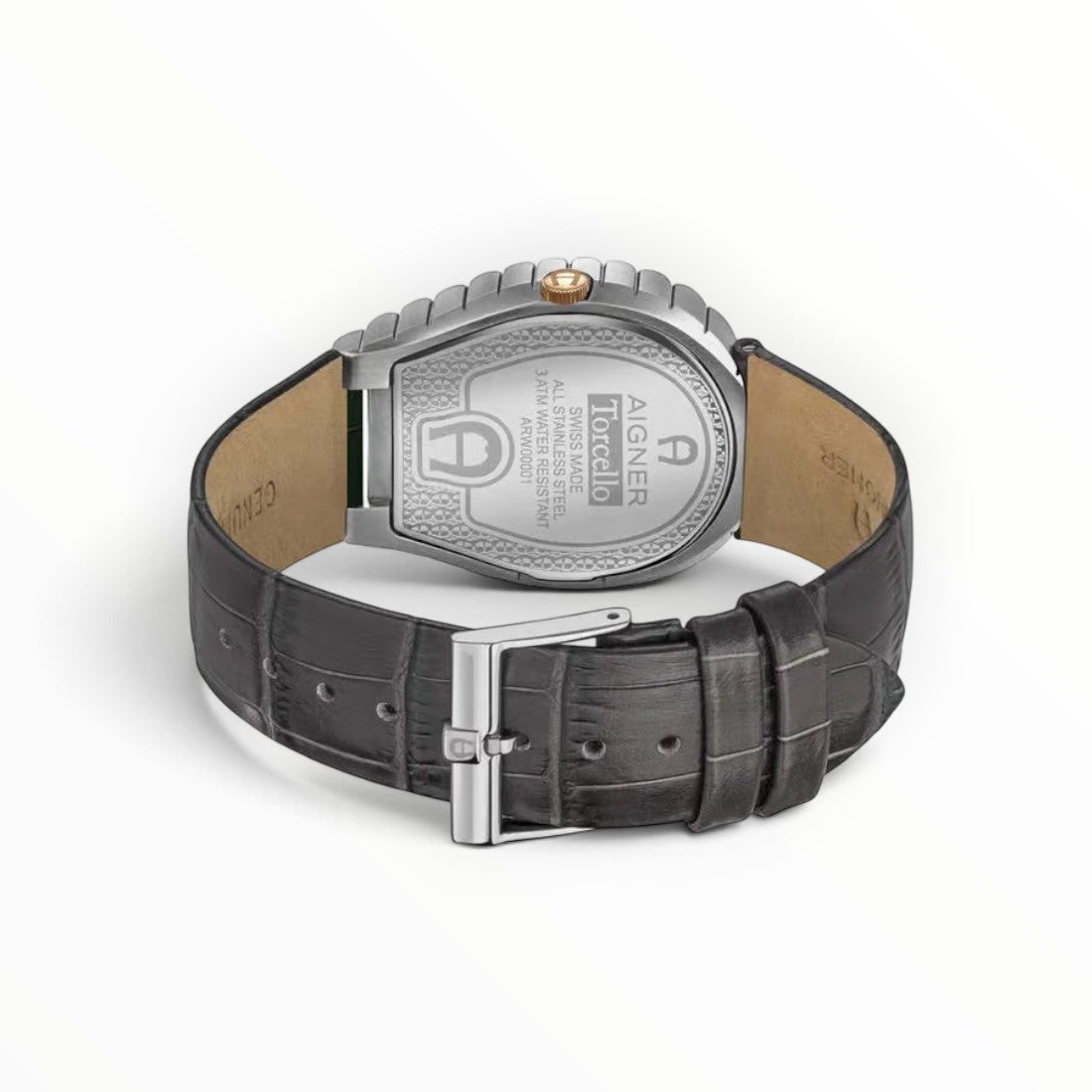 SUL EXTRAS Aigner Torcello watch caseback showing engraved logo and details with a dark grey crocodile leather strap