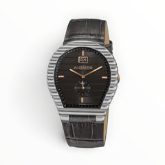 SUL EXTRAS Aigner Torcello men's watch with anthracite horizontal-stripe dial, fluted bezel, and grey crocodile strap.
