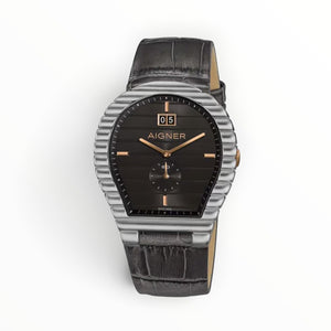 SUL EXTRAS Aigner Torcello men's watch with anthracite horizontal-stripe dial, fluted bezel, and grey crocodile strap.