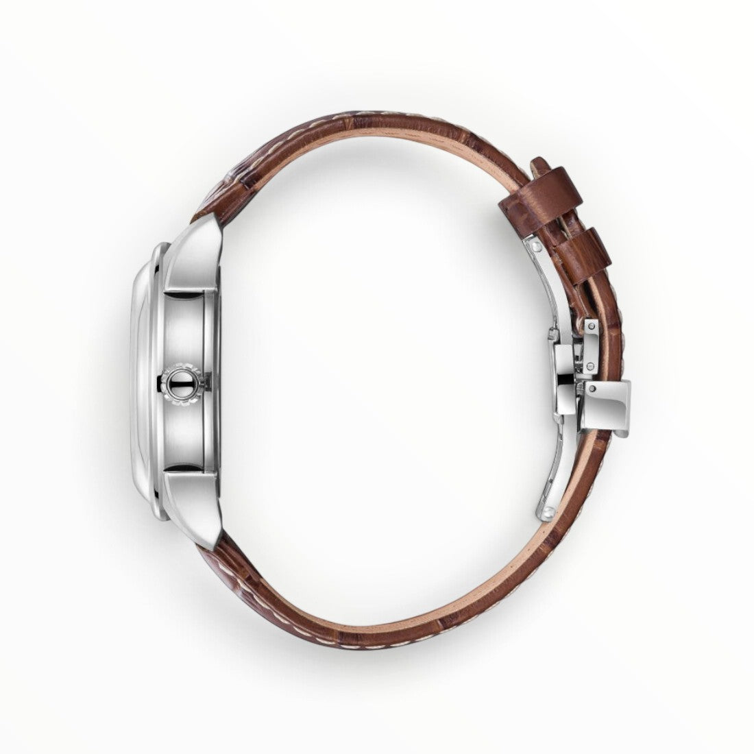 Side view of SUL EXTRAS Beverly Hills Polo Club automatic watch with silver stainless steel case and brown leather strap