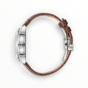 Side view of SUL EXTRAS Beverly Hills Polo Club automatic watch with silver stainless steel case and brown leather strap