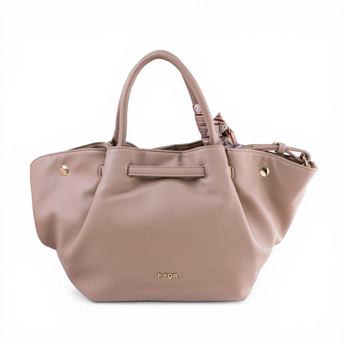 SUL EXTRAS beige flared tote bag with gold-tone hardware and a decorative scarf detail for a professional look