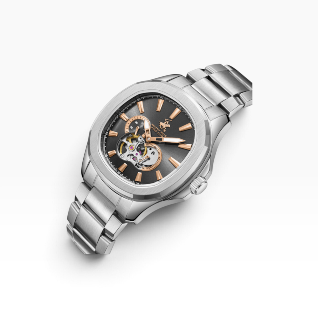 SUL EXTRAS Beverly Hills Polo Club men's automatic watch with a silver cushion case, gunmetal dial, and open-heart.