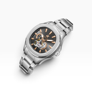 SUL EXTRAS Beverly Hills Polo Club men's automatic watch with a silver cushion case, gunmetal dial, and open-heart.