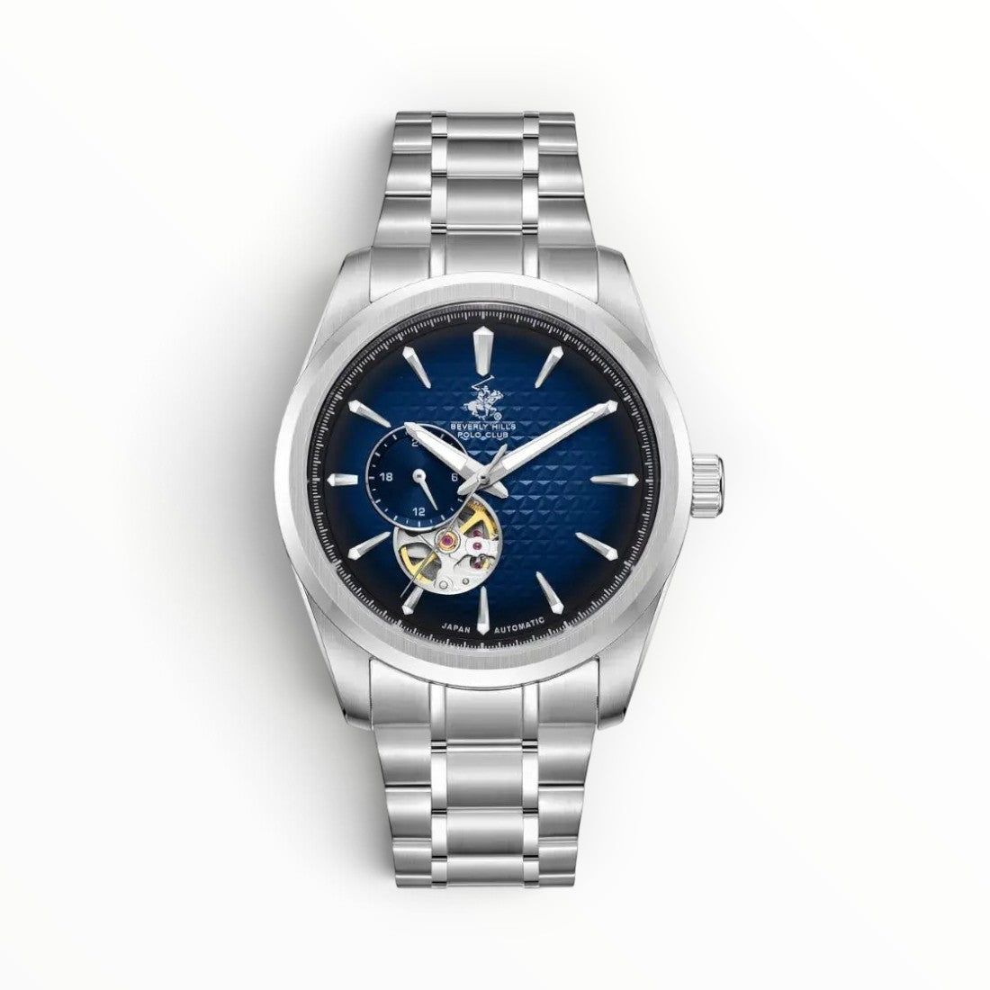SUL EXTRAS Beverly Hills Polo Club automatic watch with navy blue diamond-guilloche dial, open-heart, and steel band.