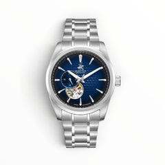 SUL EXTRAS Beverly Hills Polo Club automatic watch with navy blue diamond-guilloche dial, open-heart, and steel band.