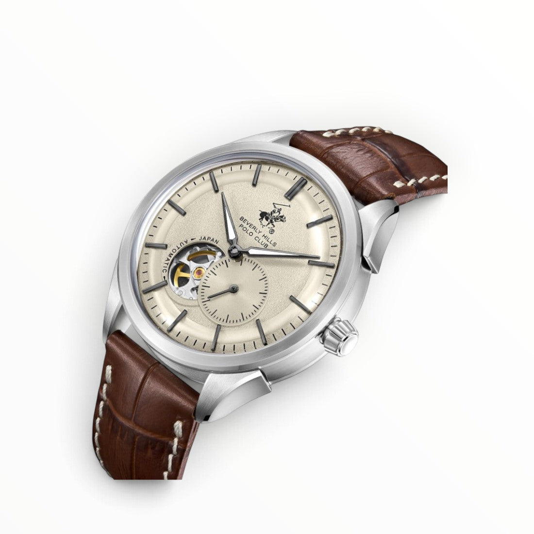 SUL EXTRAS Beverly Hills Polo Club automatic watch with a cream textured dial, open-heart window, and brown leather strap