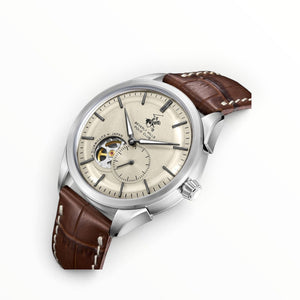 SUL EXTRAS Beverly Hills Polo Club automatic watch with a cream textured dial, open-heart window, and brown leather strap