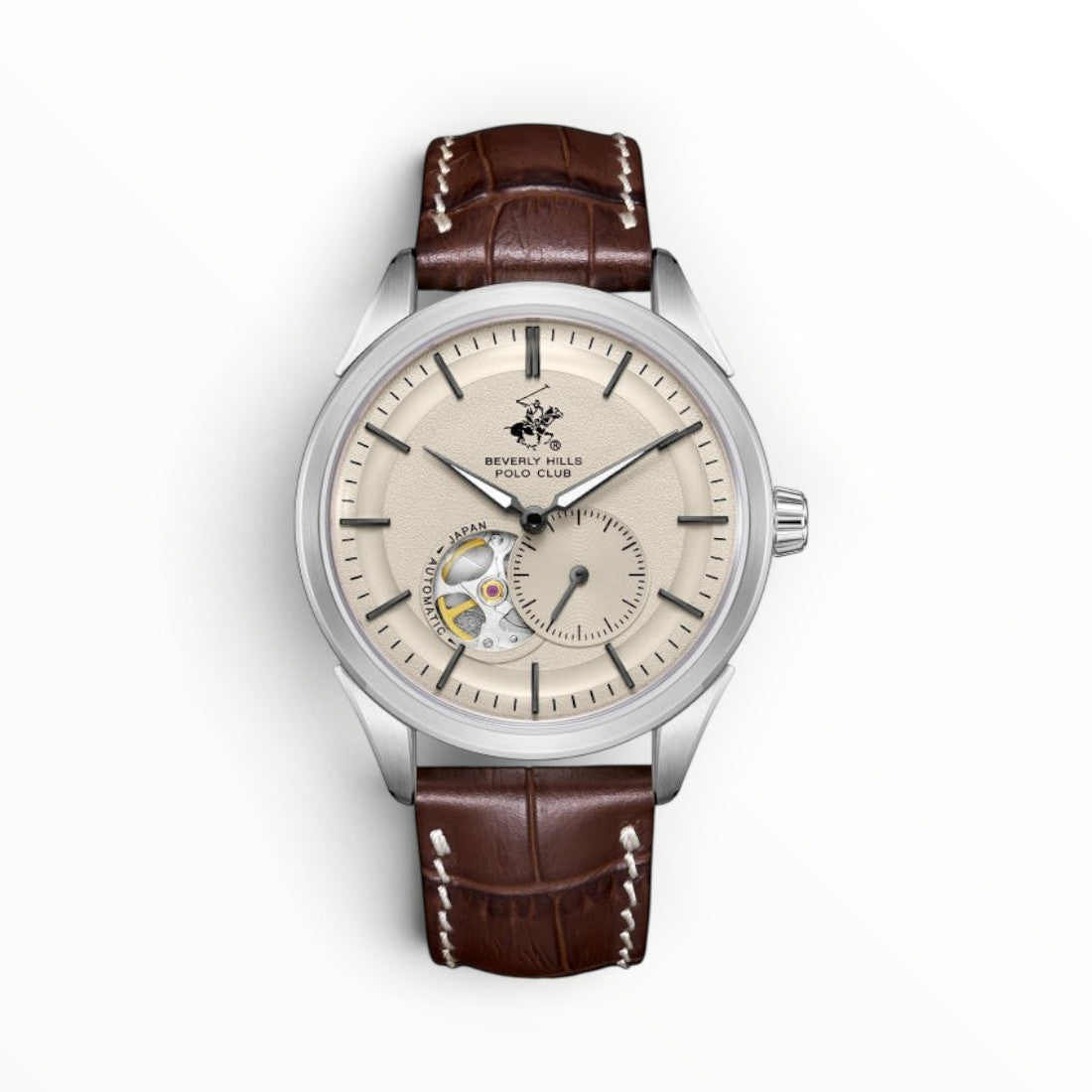 SUL EXTRAS Beverly Hills Polo Club automatic watch with cream textured dial, open-heart window, and brown leather strap.