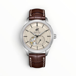 SUL EXTRAS Beverly Hills Polo Club automatic watch with cream textured dial, open-heart window, and brown leather strap.