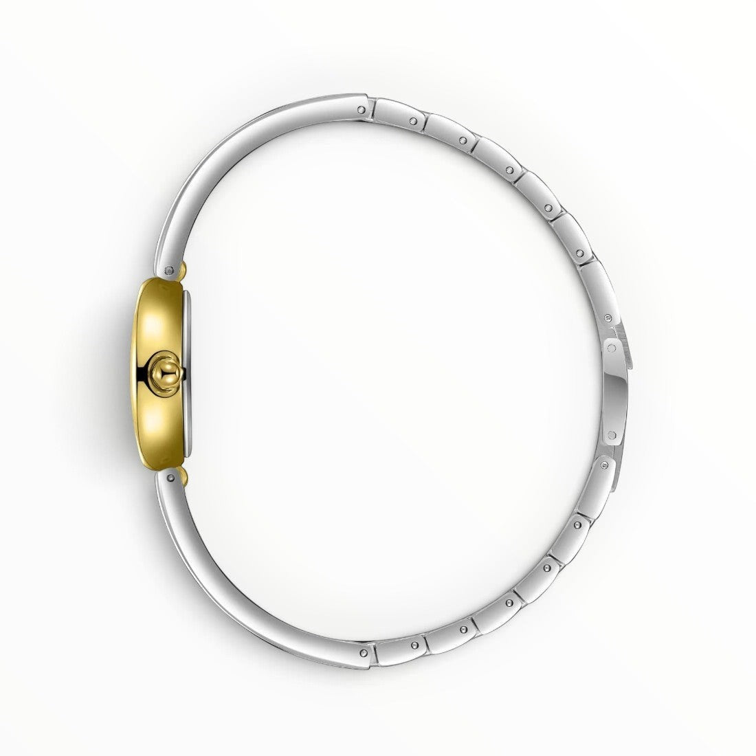 SUL EXTRAS Beverly Hills Polo Club oval gold watch with a polished silver bangle bracelet, side profile view.