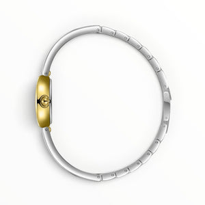 SUL EXTRAS Beverly Hills Polo Club oval gold watch with a polished silver bangle bracelet, side profile view.