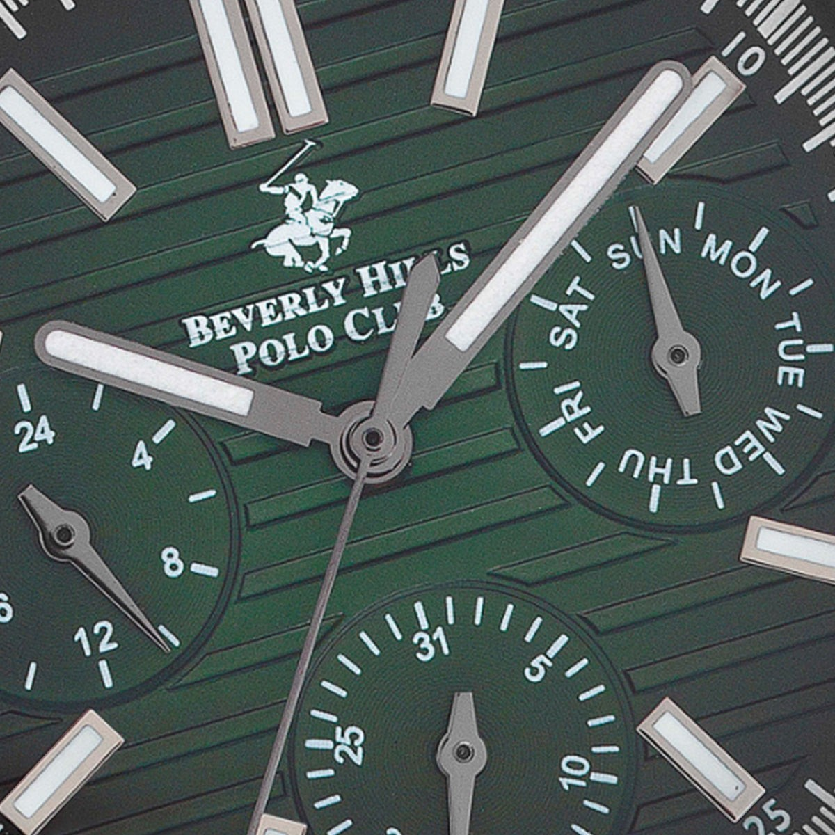 SUL EXTRAS Beverly Hills Polo Club watch dial with forest green horizontal stripes, white indices, and three subdials.