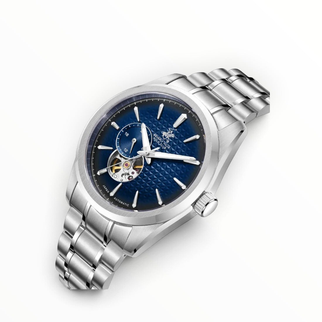 SUL EXTRAS Beverly Hills Polo Club men's automatic watch with navy blue diamond-guilloche dial and silver steel bracelet.
