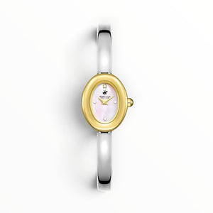 SUL EXTRAS Beverly Hills Polo Club oval gold watch with pink mother-of-pearl dial, diamond accent, and silver bangle.
